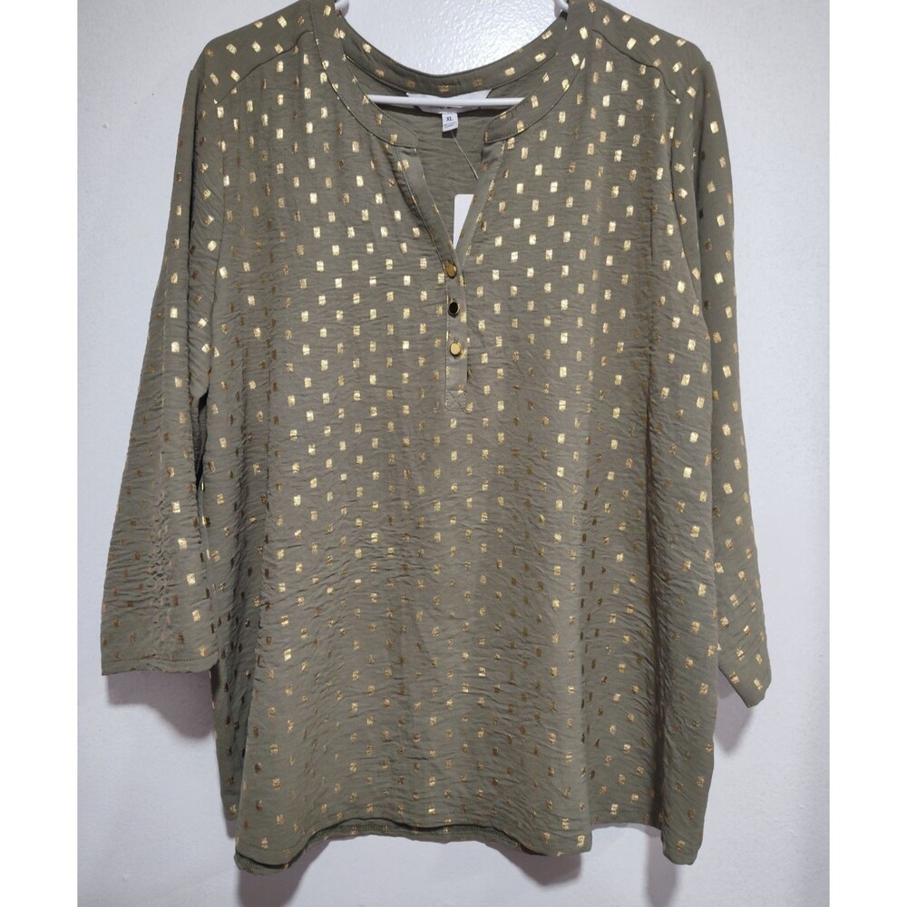 EMILY DANIELS Green Olive Polka Dot Shirt With Metallic Gold Squares Size XL
